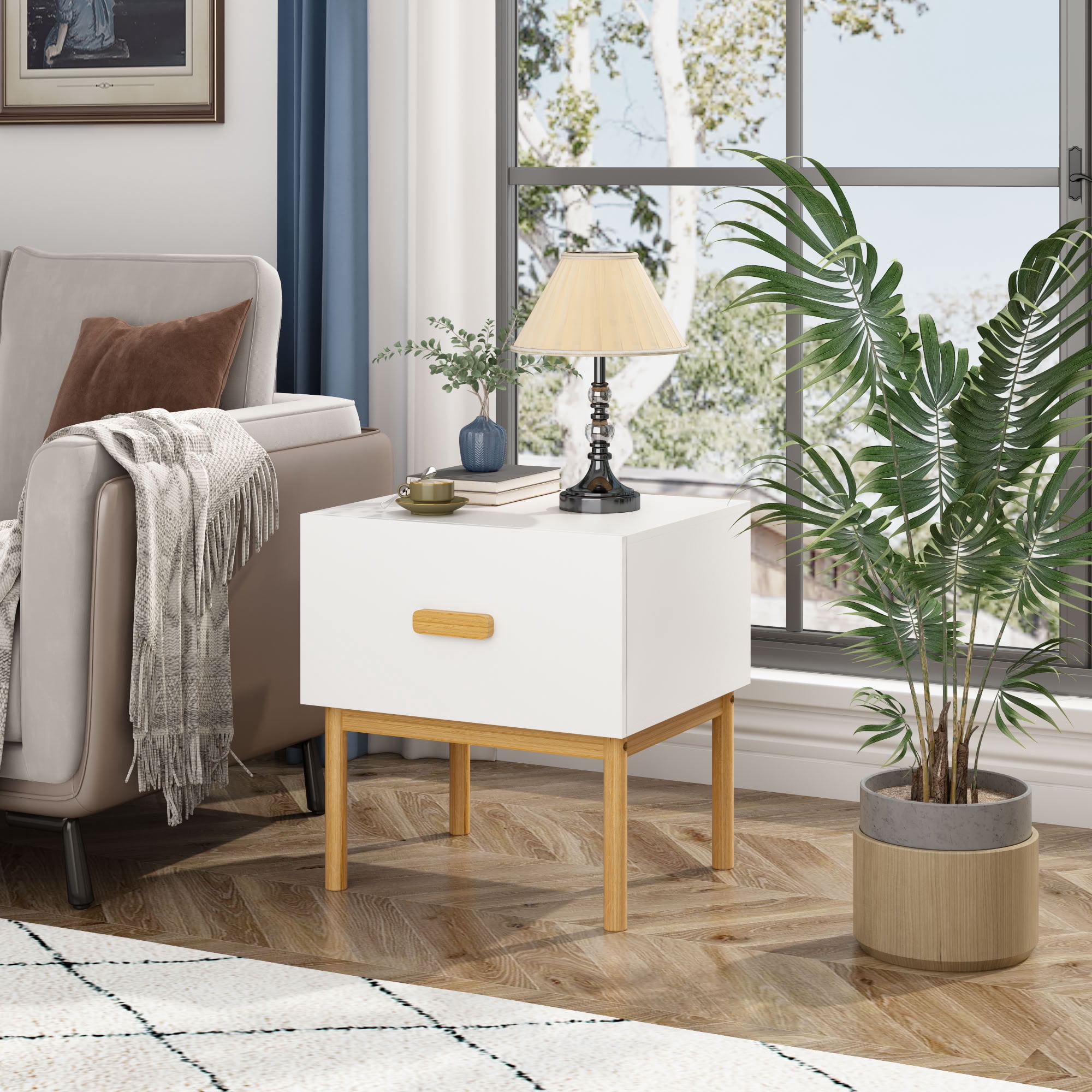 MAYEERTY Modern Nightstand with Drawer, Compact Freestanding Side Storage Table for Bedroom Living Room Apartment Small Spaces