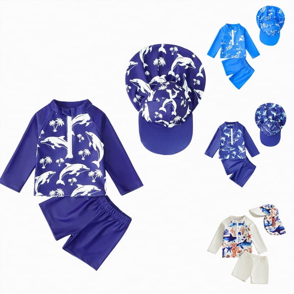 YDFCWXW Toddlers and Baby Boys' 3-Piece Swimsuit Trunk and Rashguard Sun Hat Set (Midnight Blue, 2-3 Years)