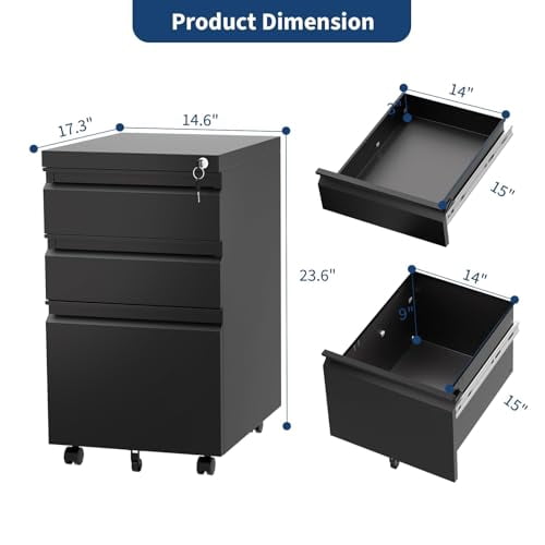 3-Drawer Mobile File Cabinet with Lock, Metal Filing Cabinet on Wheels, Fits Letter/Legal/A4 Files, Space-Saving Under Desk Office Storage Organizer for Home Office, Easy Assembly, Black