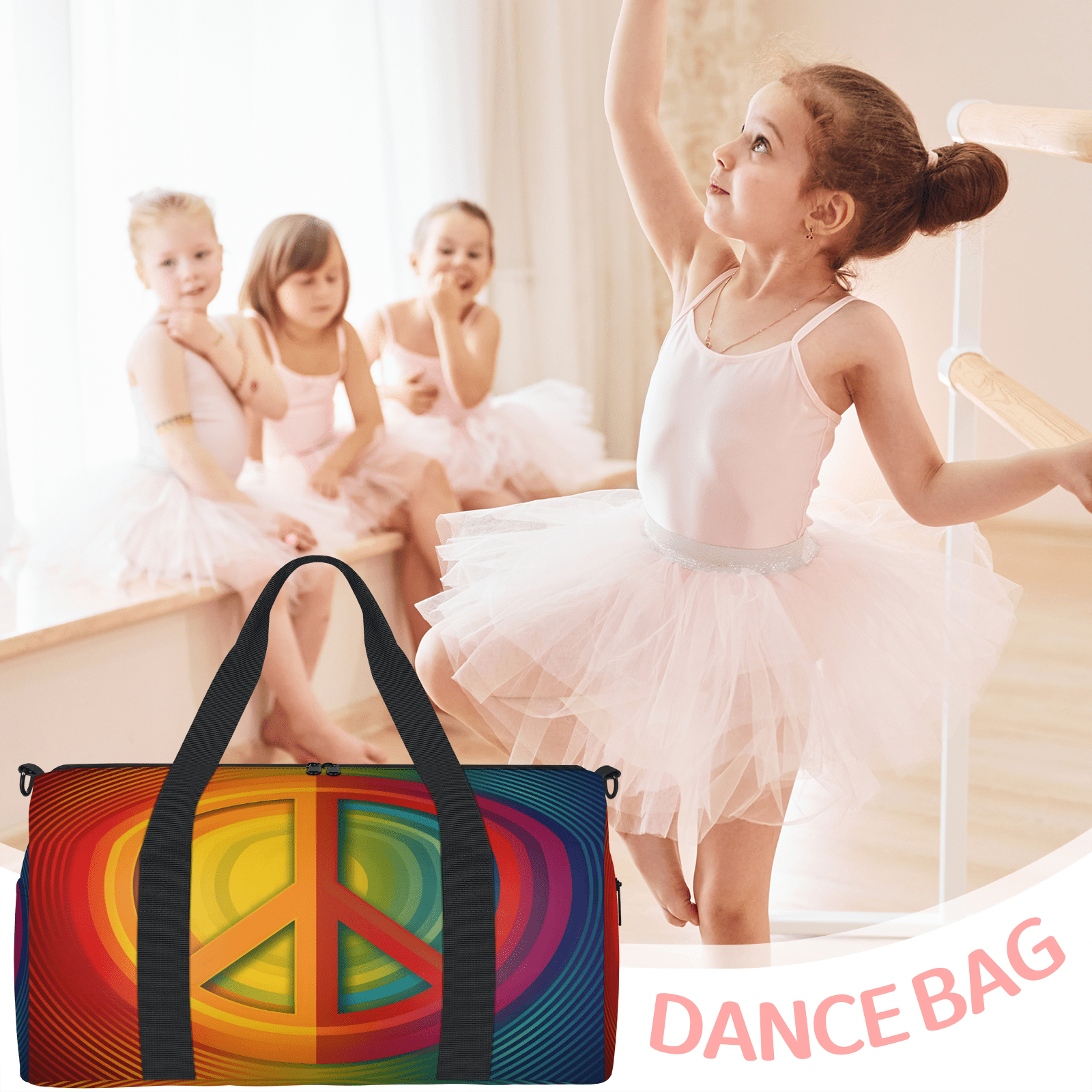 Herdesigns Rainbow Hippie Peace Symbol Gym Bag for Women, Duffle Bag for Travel Sport, Lightweight Waterproof Carry on Weekender Overnight Dance Yoga Workout Bags