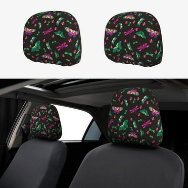 Headrest Covers for Cars - Purple Green Dragonfly Butterfly 2 Pcs Car Headrest Cover, Funny Car Accessories for Women Men, Head Rest Covers for Car Accessories Interior Car Decor