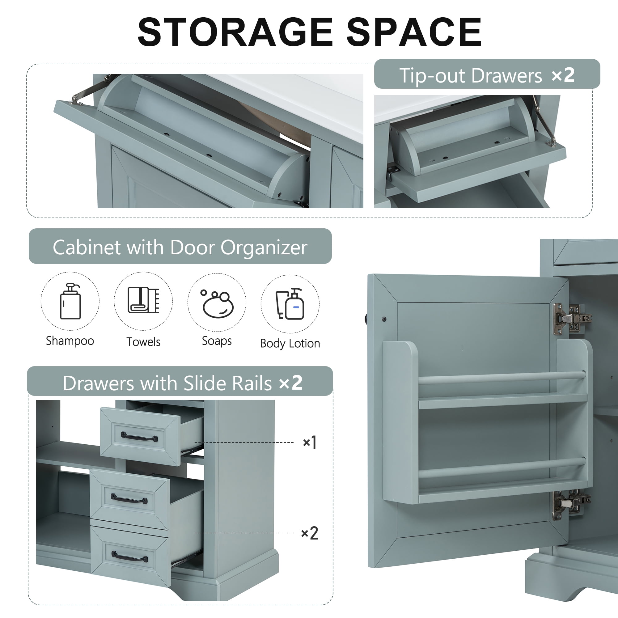 Euroco 36" Bathroom Vanity with Sink, Ceramic Sink, 2 Tip-out Drawers, Soft Close Door Hinges