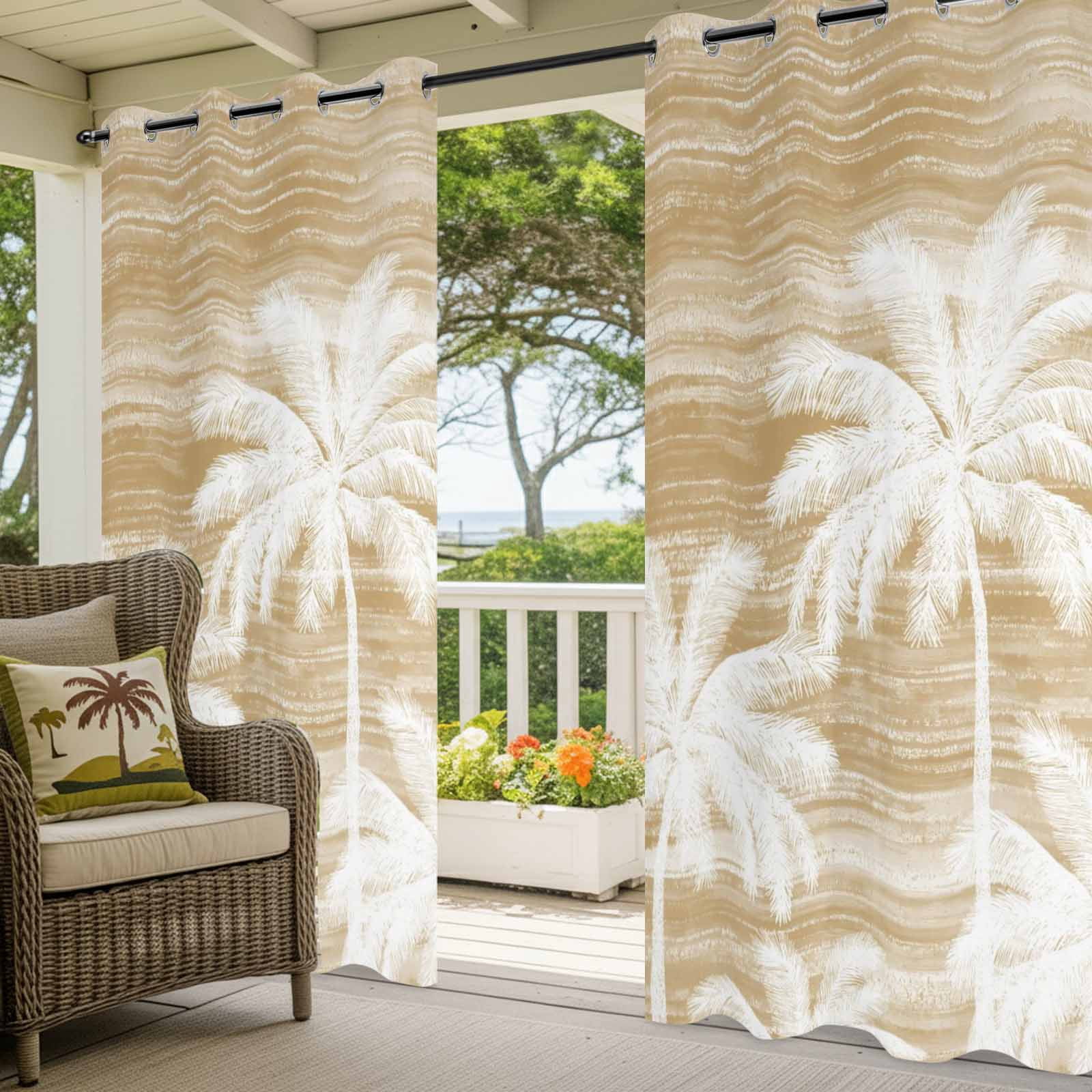 Summer Palm Trees Outdoor Curtains for Patio, Tropical Coastal Rustic Brown Abstract Sunshade Privacy Drapes Grommet Waterproof Outside Curtains for Porch/Cabana/Balcony 54"x 108", 1 Panel