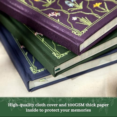 YNGLLC Embroidered Lined Journal Notebook for Women A5 Floral Journals for Writing Aesthetic Journaling Notebooks for Gift Diary Sketching Note Taking, Cloth Cover, Gift Box, 5.7"x8.3", Green