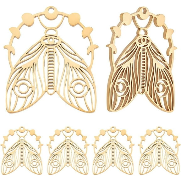 6Pcs Moon Moth Charms 18K Gold Plated Stainless Steel Luna Moth Animal Insect Gothic Charms for Jewelry Making Necklace Earrings DIY Craft