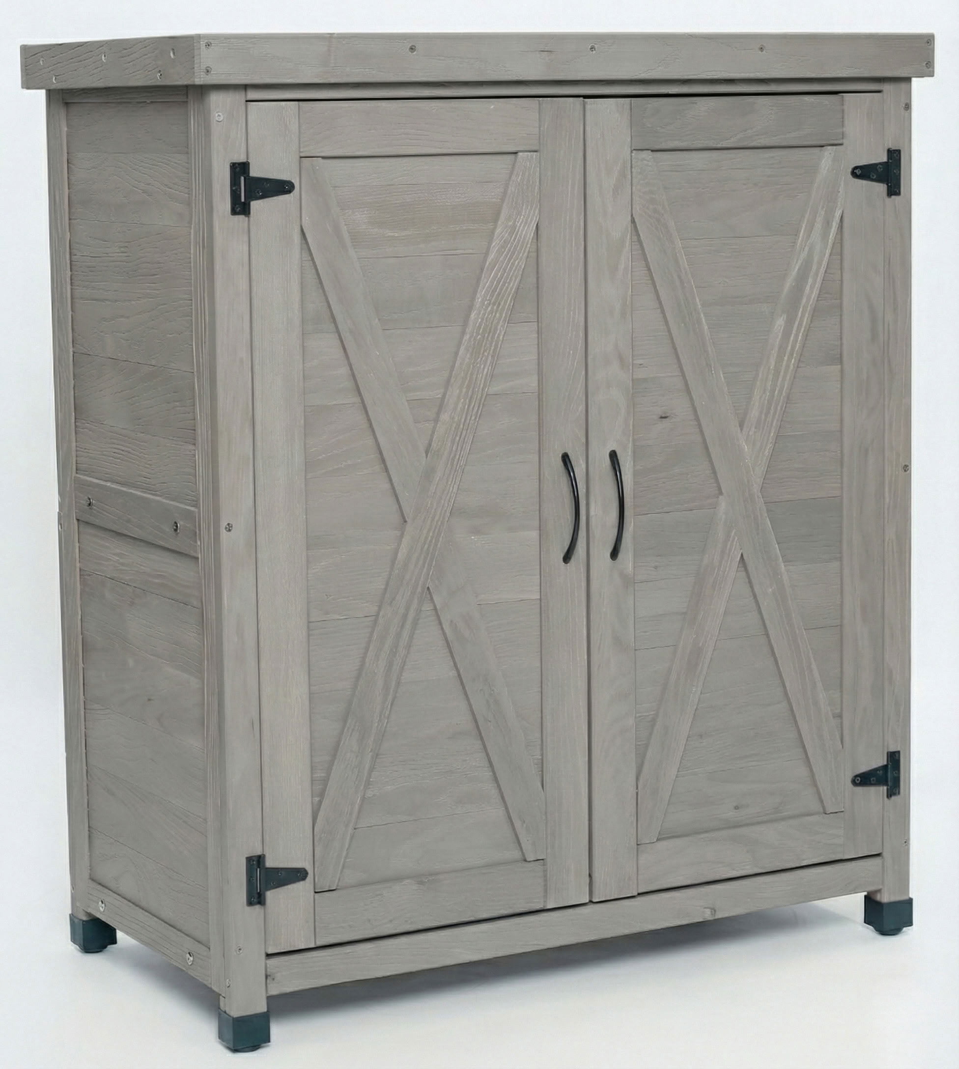 MAYEERTY Weatherproof Wood Potting Bench with Metal Table Top, Magnetic Doors, Outdoor Storage Cabinet for Patio, Yard, Balcony, Garage