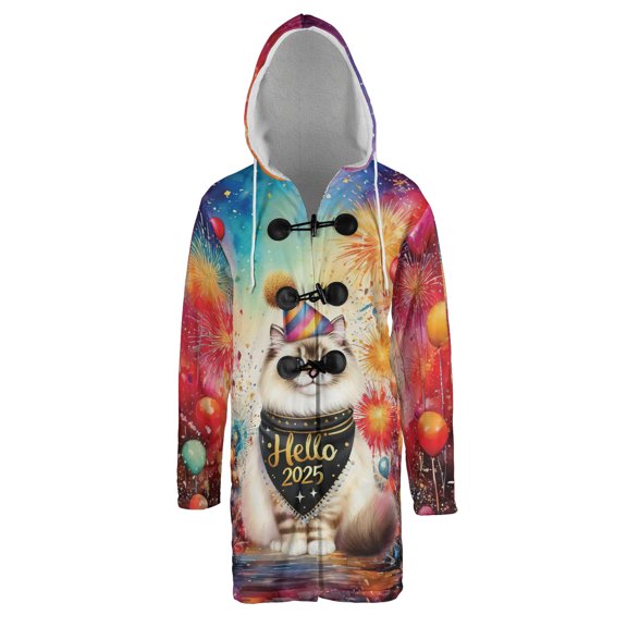 Hello 2025 Ragdoll Celebrates Happy New Year Firework Balloon All Over Print 3D Hooded Duffle Toggle Coat Cat Lover Kitten Owner Gifts Idea - 02024