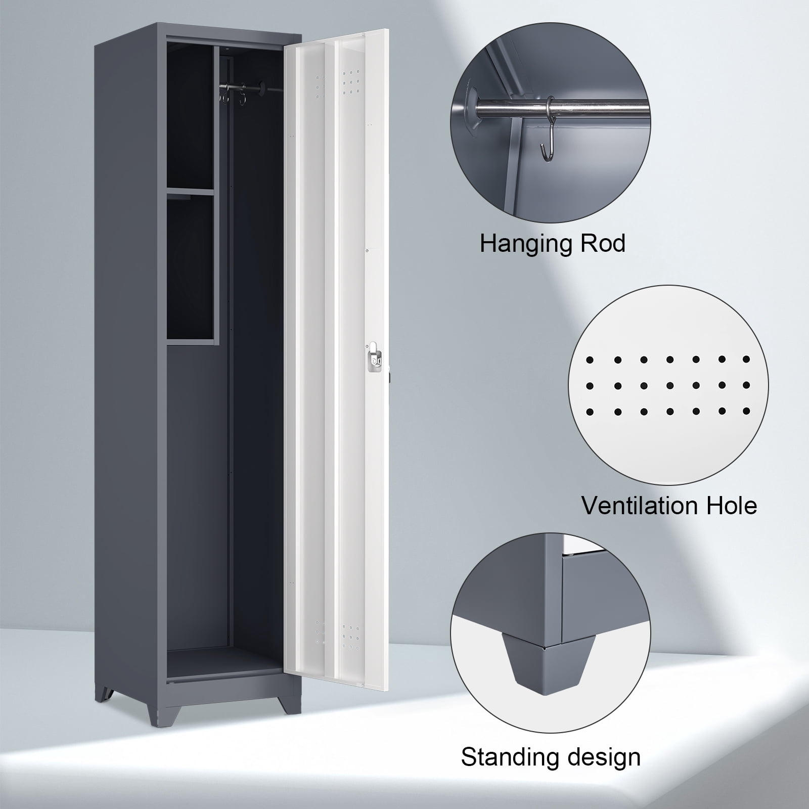 Metal Broom Storage Cabinet, Narrow Cabinet with Hooks, 65" Slim Bathroom Storage Cabinet with Shelves, Heavy-Duty Cleaning Storage Cabinet for Utility Room, Gym, Office, Garage
