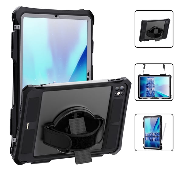 Rugged Case for iPad Pro 11 Inch 2024 Waterproof Shockproof Dustproof, Built-in Screen Protector & Lens Protector & Pen Slot & Support Magic Keyboard & Kickstand & Shoulder Strap Case, Black