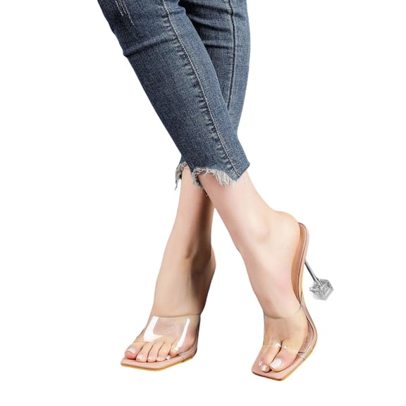 Clear Heels for Women Square Open Toe One Band Slip on Heeled Sandals Transparent Stiletto Mules Dress Shoes Beige Size 7.5