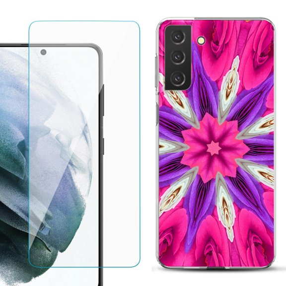 Slim-Fit TPU Fashion Phone Case for Samsung Galaxy S21 FE 5G Fan Edition, with Tempered Glass Screen Protector, by OneToughShield ® - Kaleidoscope Rose