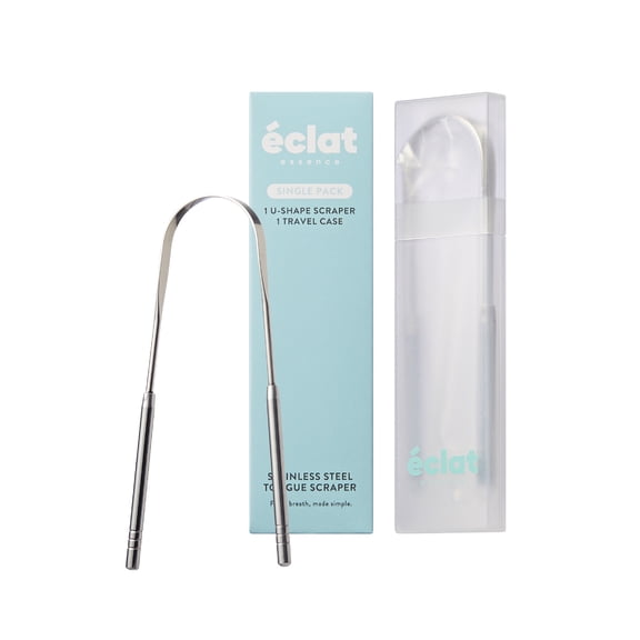Éclat Stainless Steel Tongue Scraper with Travel Case, Tongue Cleaner for Fresh Breath & Oral Hygiene, Flexible, Durable, Easy-to-Use, Non-Irritating for Oral Care (Single (U Shape)