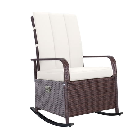 Wicker Outdoor Rocking Chair - PE Rattan Patio Recliner with Adjustable Backrest & Footrest - Beige