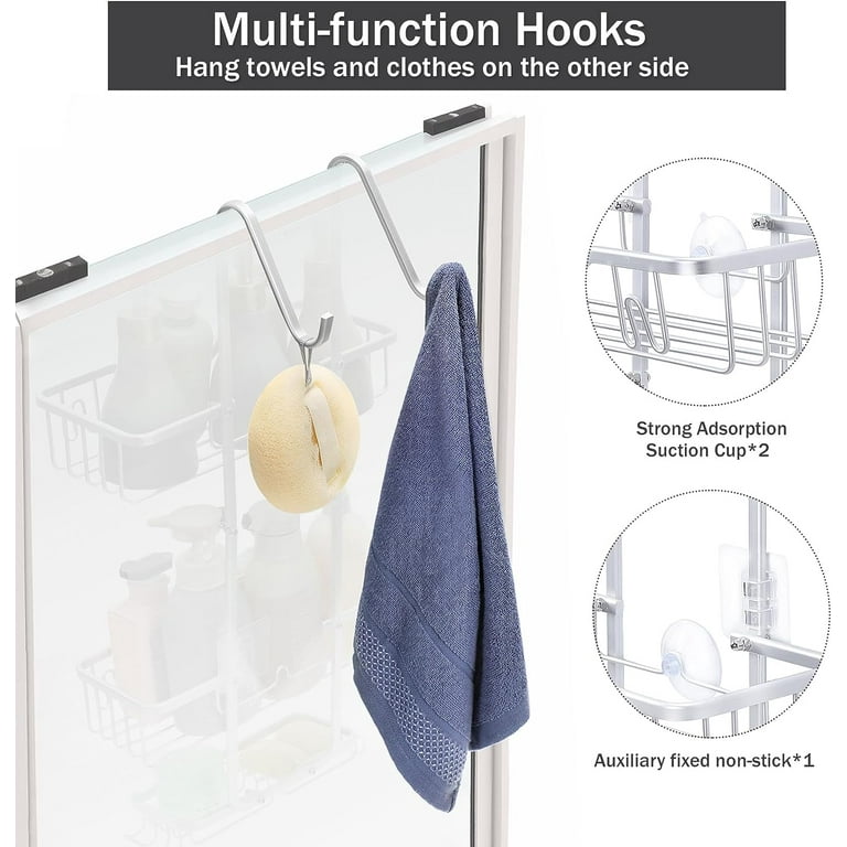 Oumilen Bathroom Hanging Shower Caddy, Shower Organizer Shelves with 4-Hooks, Silver