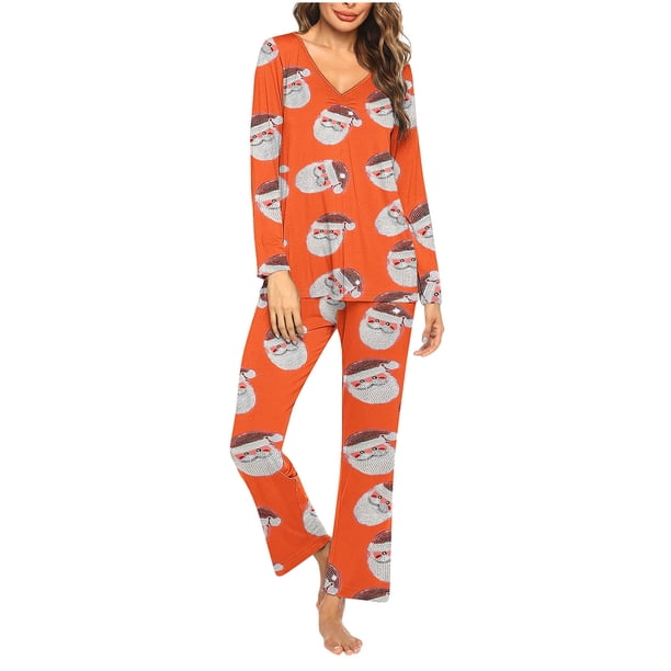Puntoco Conjunto de pijama con pantalones largos y cuello en V con estampado navideño para mujer