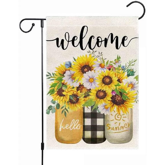 Spring Summer Seasons Garden Flag Floral 12.5x18 Inch Double Sided For Outside,Welcome Flower Sunflower Burlap Flag Farmhouse Rustic Holiday Yard Decoration Gift