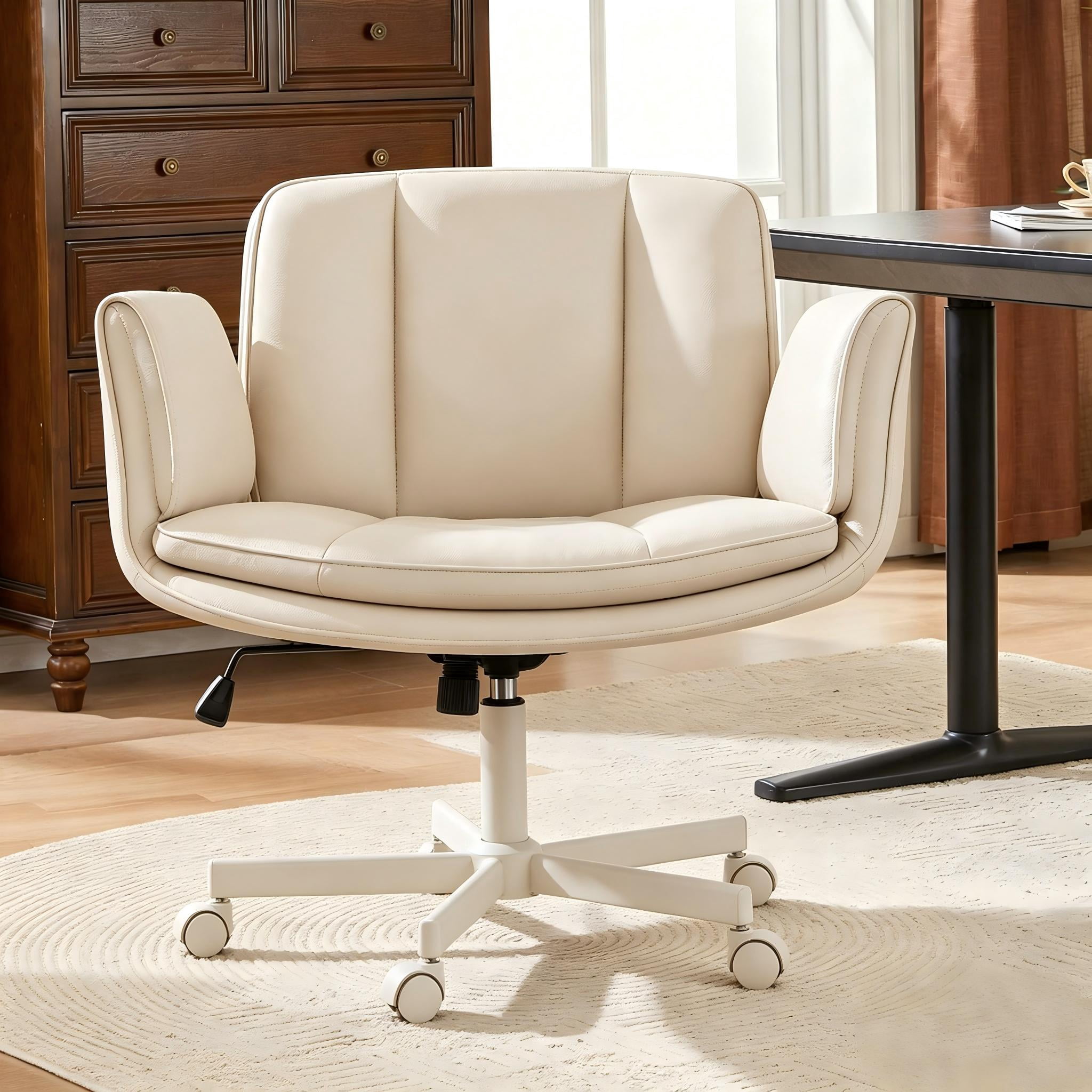 COOLHUT Criss Cross Office Chair, PU Leather Vanity Chair with Armrests and Wheels, Comfy Adjustable Swivel Ergonomic Criss Cross Chair for Home Office Bedroom Makeup, Beige