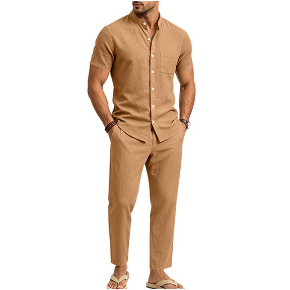 hotojiny Mens 2 Piece Outfits Casual Summer Vacation Beach Wear Classic Fit Button down Shirt with Straight Leg Pants Set(Yellow,X-Large)