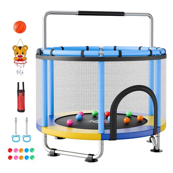 KFFKFF 60" Kids Trampoline with Enclosure Net and Adjustable Gymnastics Bar, 5 FT Mini Trampoline for Indoor and Outdoor Use, 132 lbs Capacity, Ideal Play Toy for Children’s Birthdays or Holidays