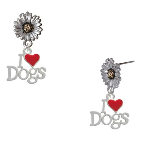 Delight Jewelry Silver-tone I love Dogs with Red Heart – Two-tone Daisy Flower Post Earrings Delight Jewelry Silver-tone I love Dogs with Red Heart – Two-tone Daisy Flower Post Earrings