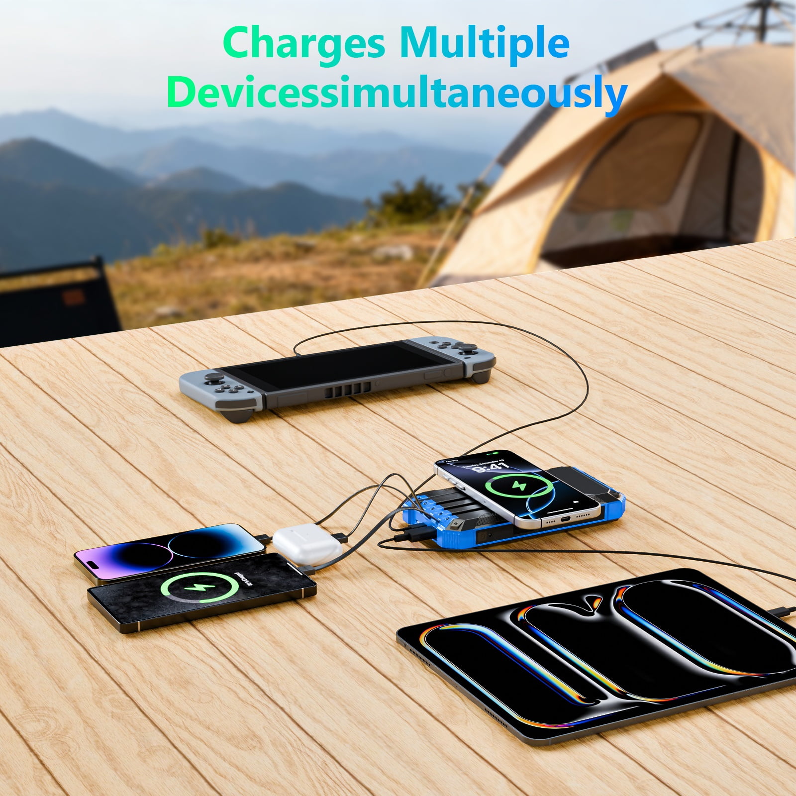 CATGOOD 20000mAh Solar Power Bank, 22.5W Fast Charging Portable Charger with 4 Built-in Cables & 10W Wireless Charging, Travel Battery Pack with Camping Flashlight(Blue)