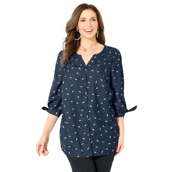Catherines Women's Plus Size Georgette Button Down Tie Sleeve Cafe Blouse