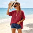 thumbnail image 7 of LEKODE Linen Tops for Women 3/4 Sleeve Everyday Shirt V Neck Loose Clothes Shirts for Women Casual Gauze Tunic Cotton Tops Boho Clothes Summer Tees Button Down Button Blouses Gauze Shirts Red 2xl, 7 of 7