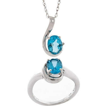 3.16 Carat T.G.W. Oval Blue Topaz and Diamond Accent Ring and Pendant Set in Sterling Silver
