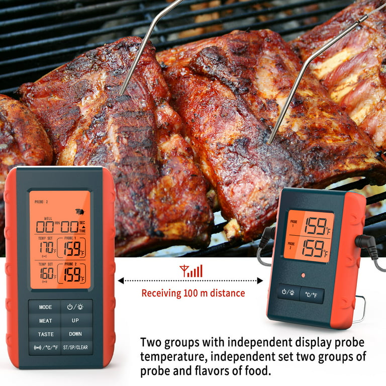 MOUMOUTEN 2Probes Thermometer, Digital Display Wire-Free Remote Cooking  Food Alarm Timer Real Meat for Smoker Oven Grill BBQ Wireless Thermometer