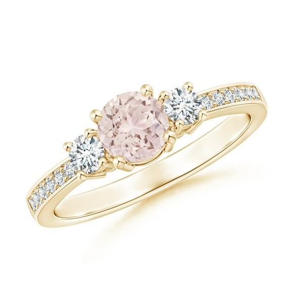 ANGARA Natural Classic Three Stone Morganite and Diamond Ring in 14K Yellow Gold for Women | Birthday, Anniversary, Jewelry Gift for Women | Natural Morganite Ring