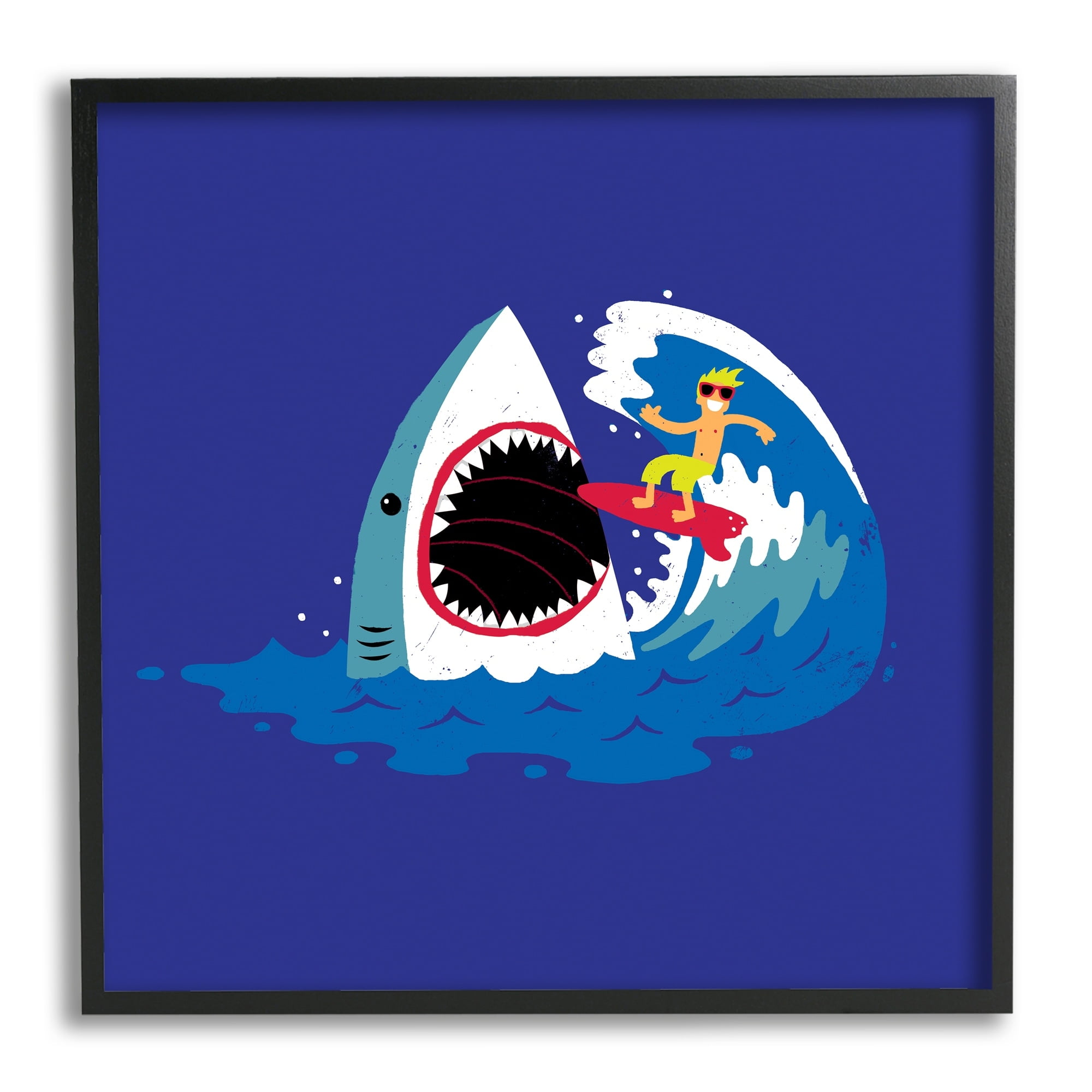 Stupell Industries Surfer Ocean Wave Shark Teeth Whimsical Beach Framed Wall Art, 24 x 24, Design by Michael Buxton