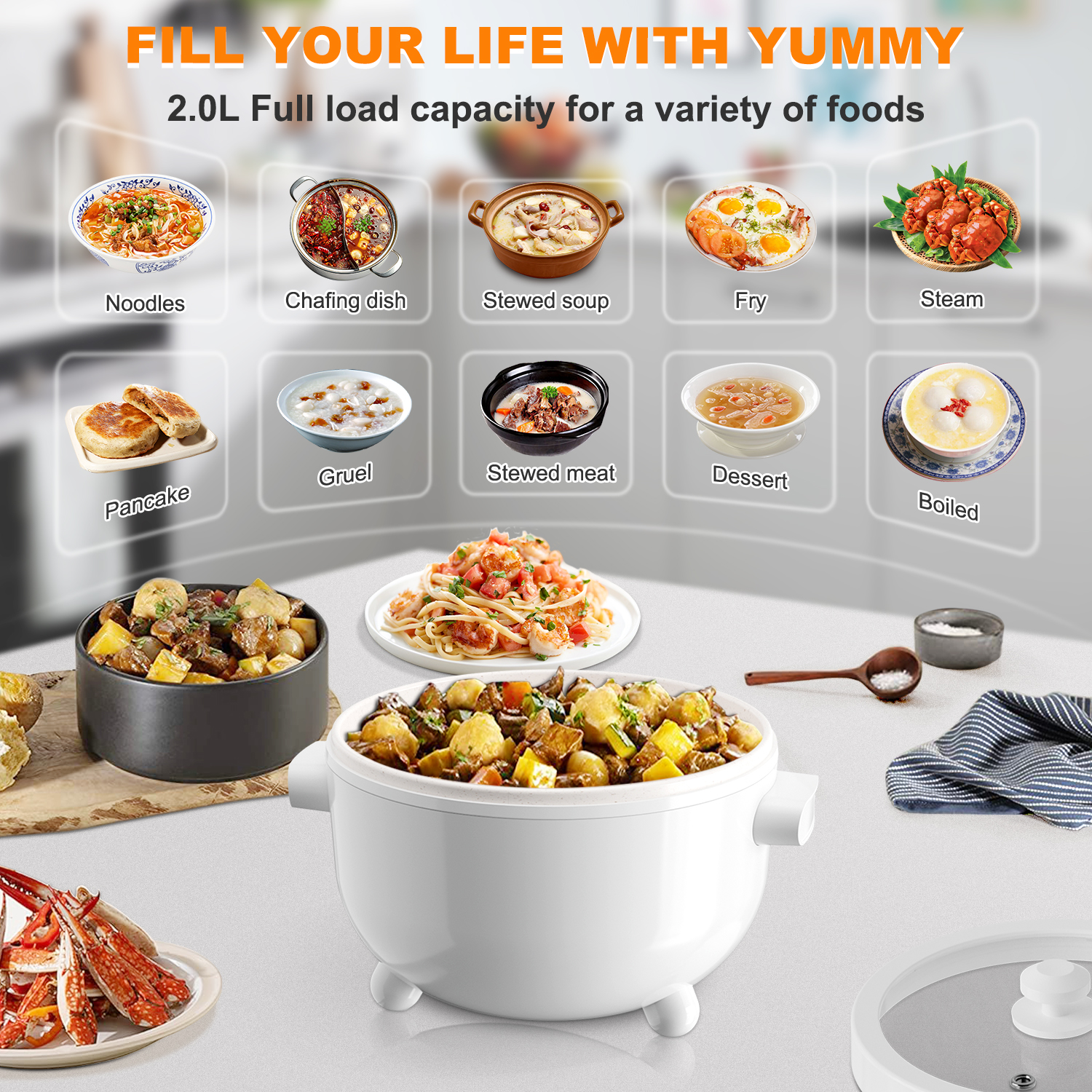 CACHOO  Electric Hot Pot with Steamer, Rapid Noodles Cooker, Ceramic Electric Pot 2 Liter, Ideal for Ramen, Egg, Dumpling, Soup, Oatmeal with Temperature Control and Keep Warm Function, White