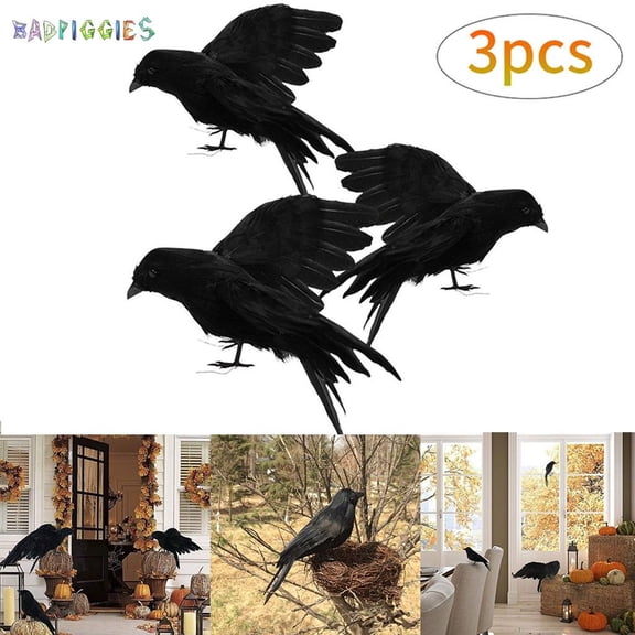 BadPiggies 3PCS Realistic Crow Props Halloween Large Handmade Black Raven Set Feathered Spooky Party Home Decor