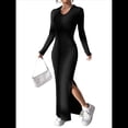 thumbnail image 1 of Vestido Maxi de Punto Acanalado con Cuello en V y Larga para Mujer, con Abertura en el Muslo y Ajustado. Negro XXL, 1 of 9