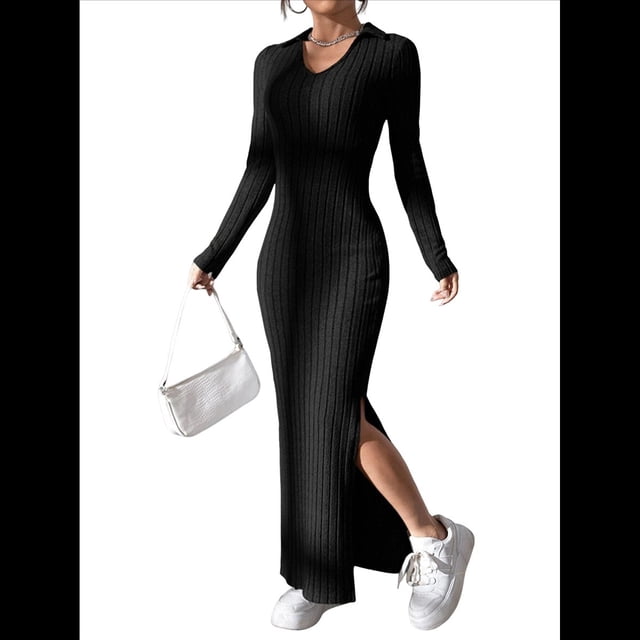 Vestido Maxi de Punto Acanalado con Cuello en V y Larga para Mujer, con Abertura en el Muslo y Ajustado. Negro XXL