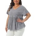thumbnail image 4 of Agnes Orinda Women's Plus Size Gingham Tops Plaid Peplum Button Decor V Neck Short Sleeve Casual Babydoll Blouse 3X Black, 4 of 6