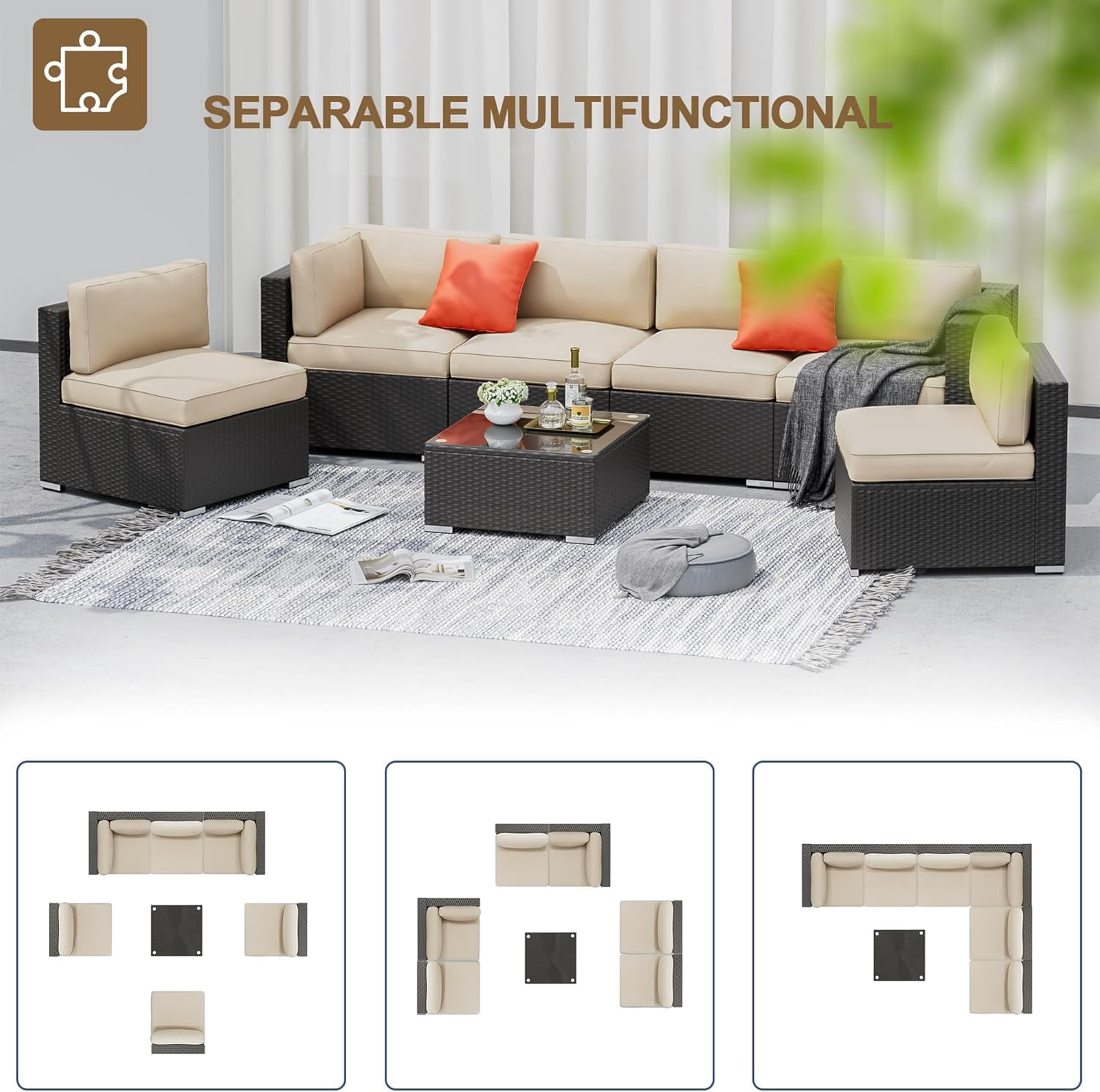 SUNCROWN 7-Piece Outdoor Patio Furniture Sofa Set All-Weather Black Wicker Sectional Conversation Set with Modern Glass Coffee Table and Cushions (Brown)
