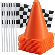 Bedwina Traffic Cones and Racing Checkered Flags - (24 Pcs) 12 - Black and White Flags on Sticks and 12-8-Inch Mini Orange Sports Safety Cones for Kids - Race Car Theme Birthday Party Supplies