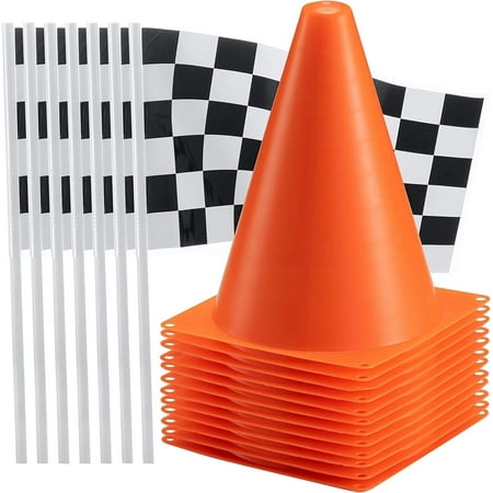 Bedwina Traffic Cones and Racing Checkered Flags - (24 Pcs) 12 - Black and White Flags on Sticks and 12-8-Inch Mini Orange Sports Safety Cones for Kids - Race Car Theme Birthday Party Supplies