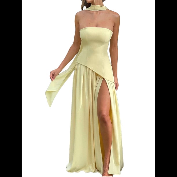 Vestido Tubo con Hombros Descubiertos y Diseño Lateral para Mujer, Ideal para Salir. Vestido Informal y Elegante. Amarillo M