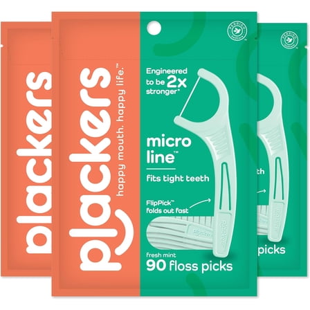 Plackers Micro Mint Dental Floss Picks, 90 Count, Pack of 3