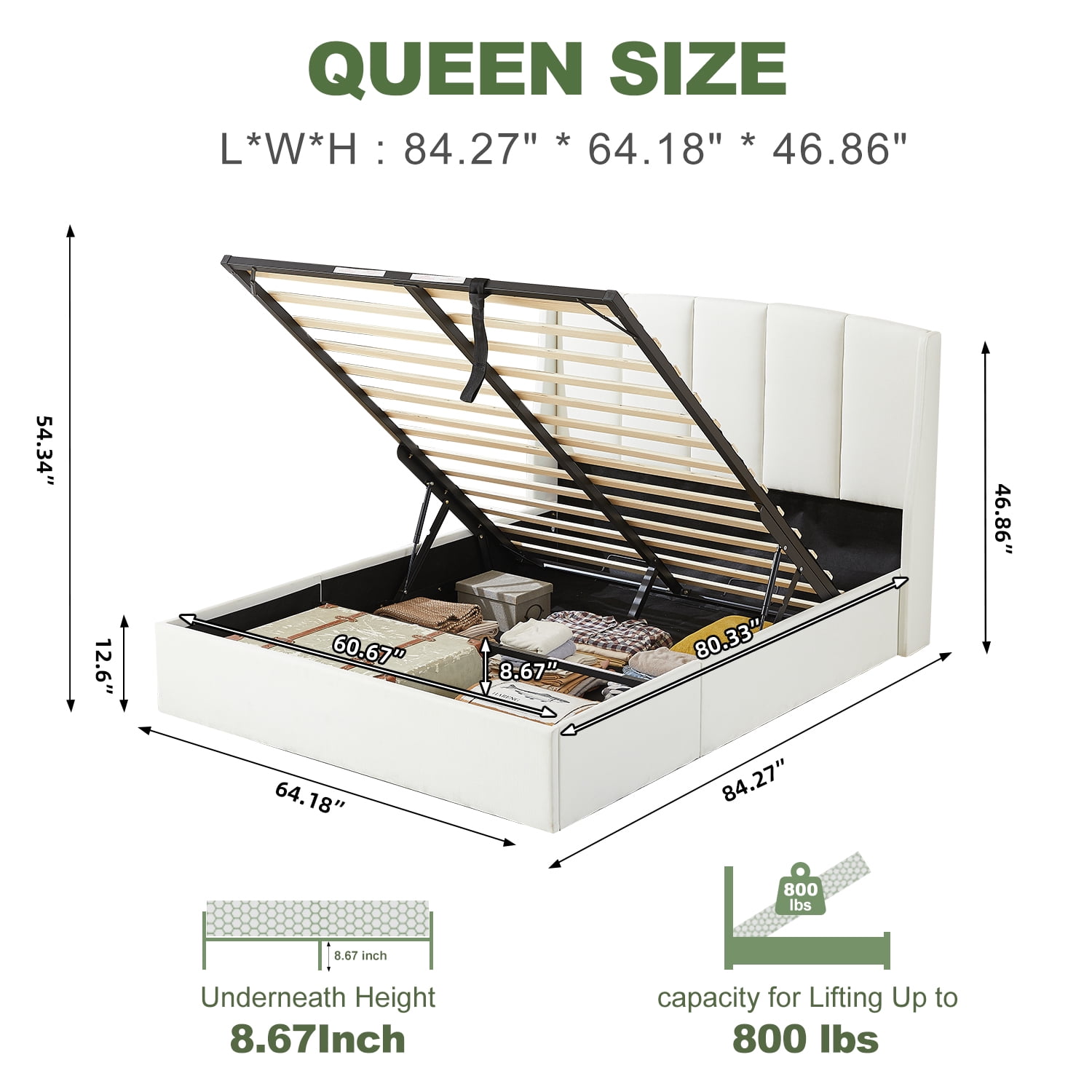 VELOCAVA Queen Upholstered Lift-up Storage Bed with Vertical Channel Wingback Headboard, White