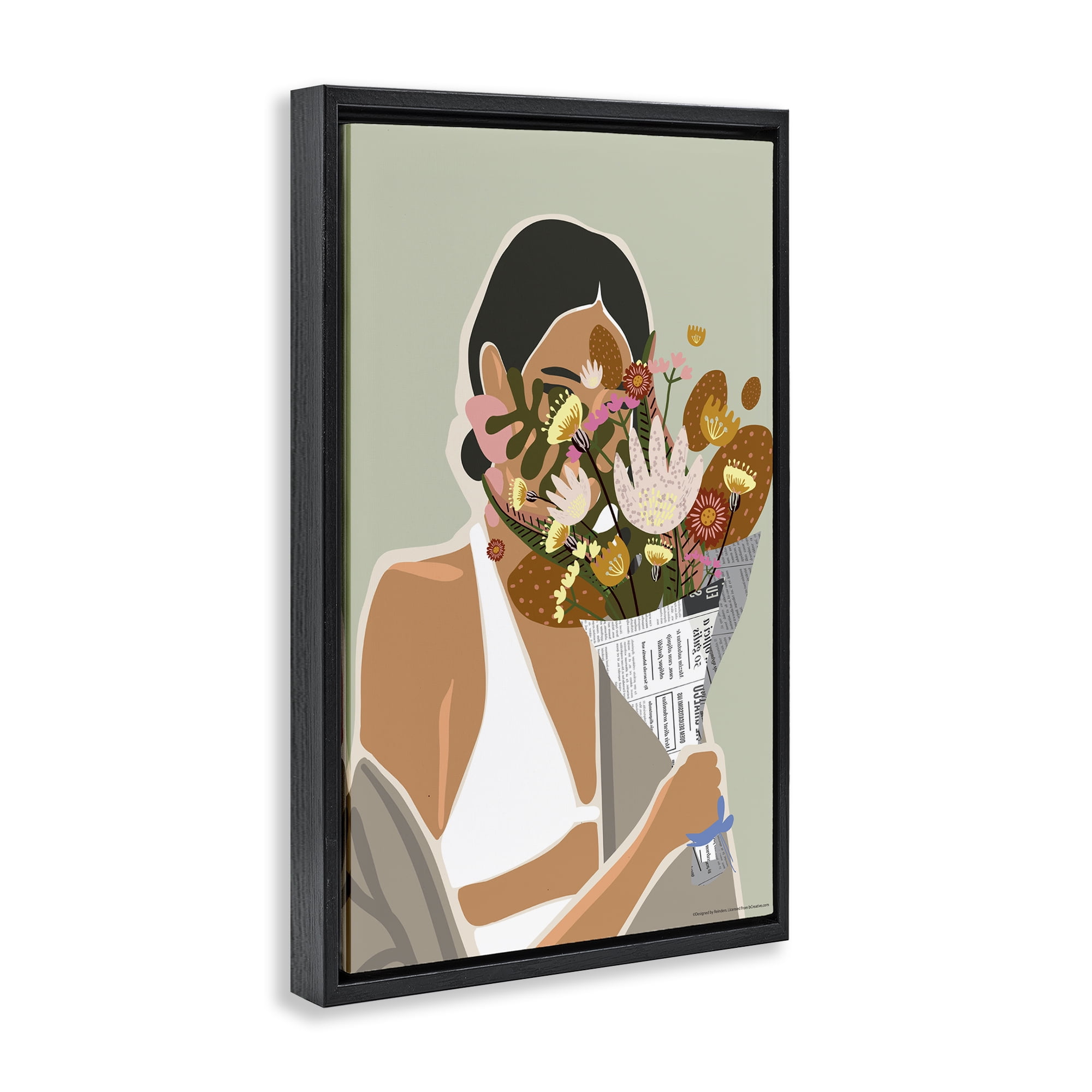 Stupell Industries Woman & Plant Bouquet People Painting Black Floater Framed Canvas Art Print Wall Art, 21 x 31