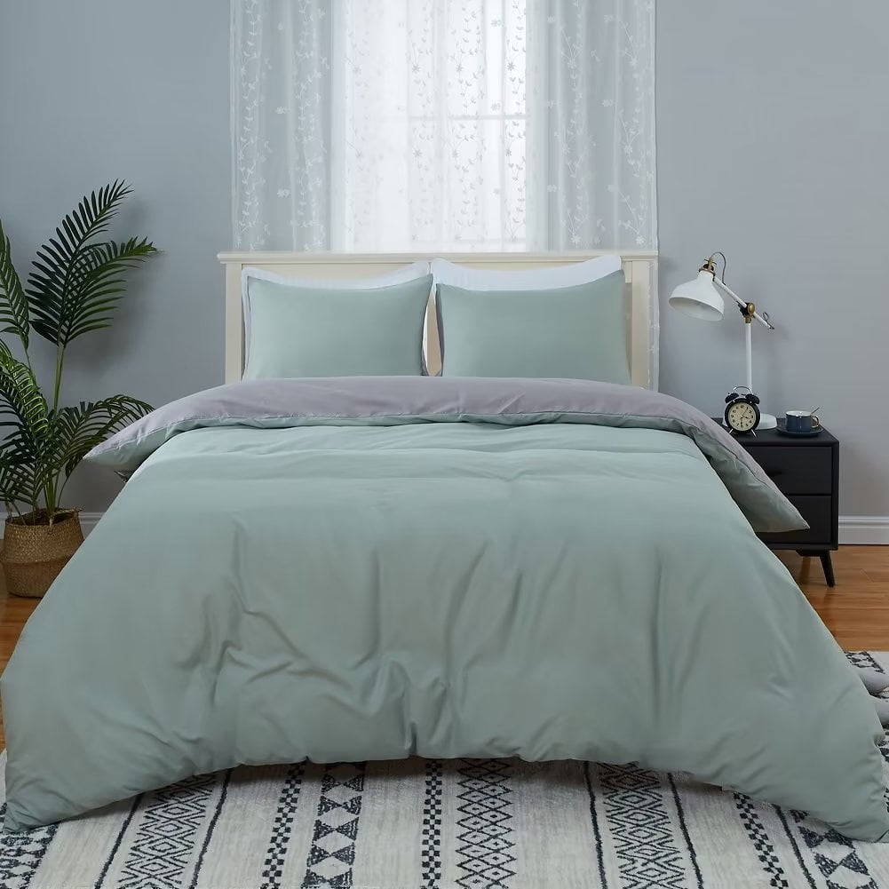 Tzou Sage Green Duvet Cover Queen Size, 3 Pieces Reversible Double