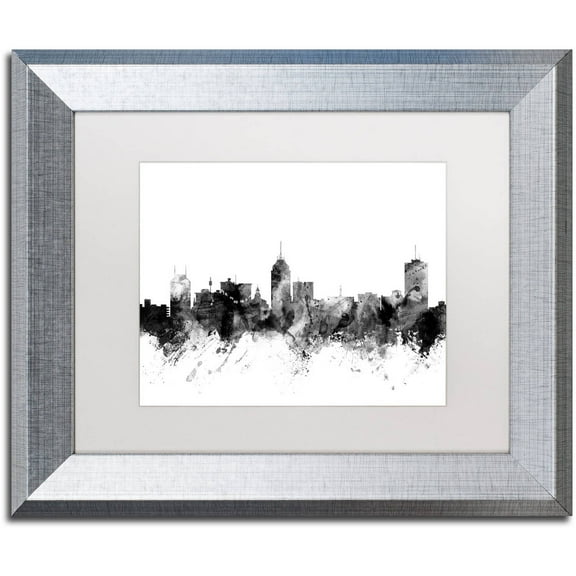 Trademark Fine Art "Fresno California Skyline B&W" Canvas Art by Michael Tompsett, White Matte, Silver Frame