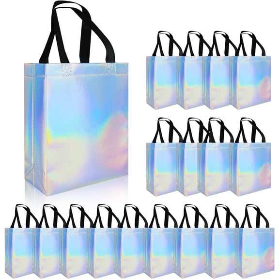 18 Pcs Glossy Iridescent Small Gift Bags Bulk, 8x3.9x9.8 In Non-woven Party Bags for Present with Sturdy Bases for Birthday, Wedding, Easter, Party, Holiday