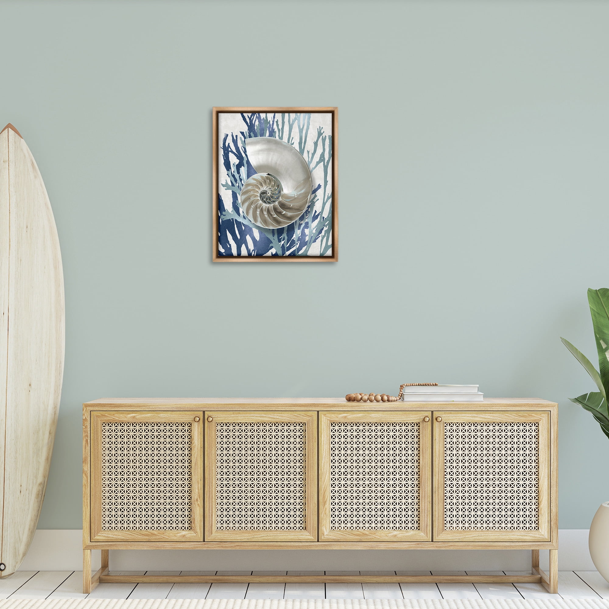 Stupell Industries Shell Coral Beach Blue Design Nature Painting Brown Floater Framed Canvas Art Print Wall Art, 25 x 31