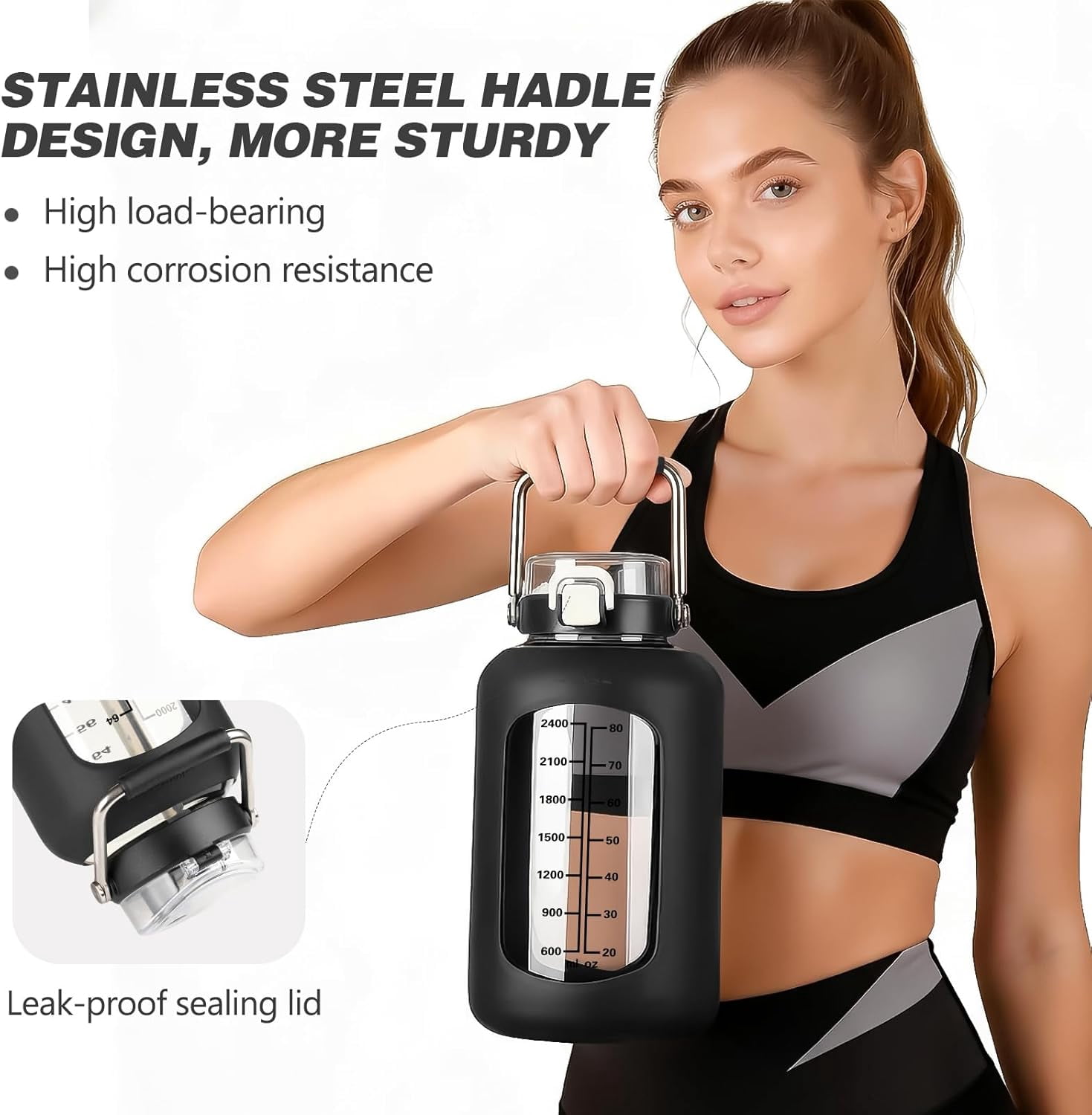 100oz Glass Water Bottle with Time Marker and Silicone Sleeve 3L Large Water Jug with Stainless Steel Handle Gallon Drinking Bottle with 2-in-1 Lid Wide Mouth BPA Free, Black