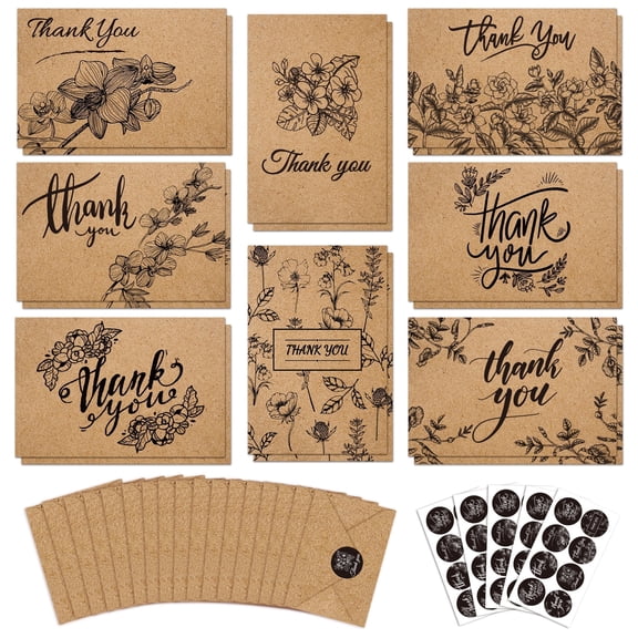 144 Bulk Brown Kraft Thank You Cards with Envelopes & Stickers, 8 Elegant Designs, 4x6 inch