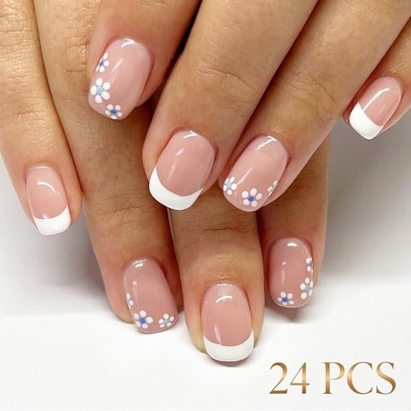French Tip Press-On Nails, Almond,Solid Color,Short, 24 Count